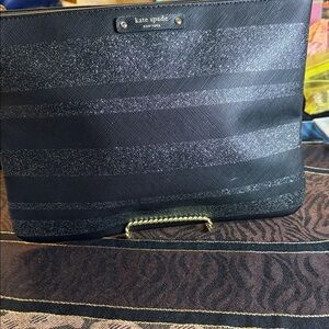 kate spade black glitter stripe tote with gold-tone accents